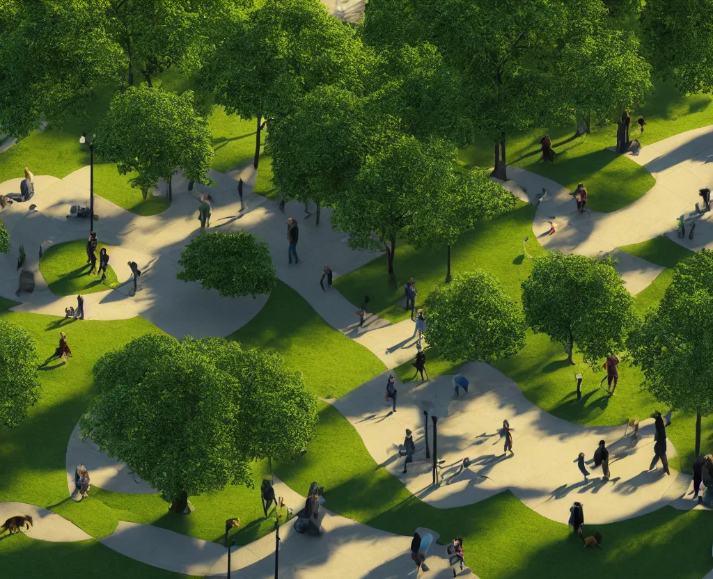 Prompt: city park, people and dogs, isometric view, octane 3d, light filtering through the trees, ray tracing, volumetric lighting