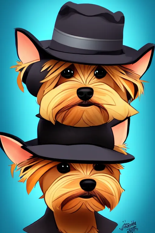 Prompt: the cutest yorkshire terrier detective wearing a fedora hat by Joe Madureira and Johannes Helgeson, trending on artstation, ominous, mysterious