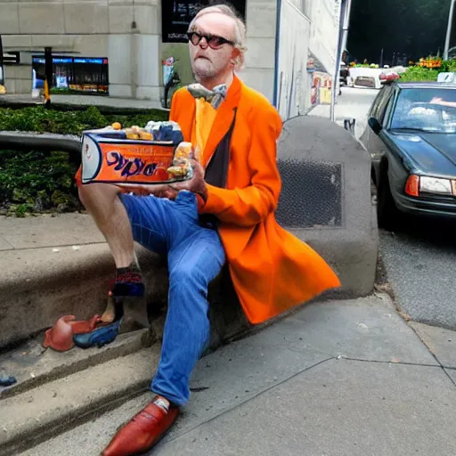 Image similar to hugh hopper on a street corner eating an orange fruit and drinking a pepsi