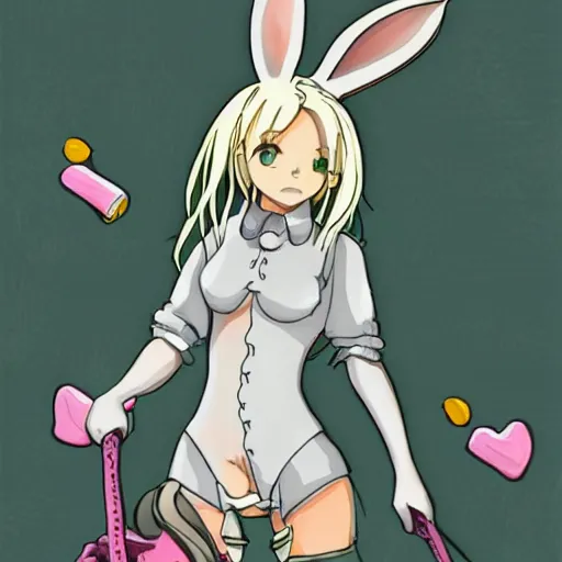Prompt: britney spears, bunny suit, artwork in made in abyss art style, inspired in balthus, clean details, color palette, candy, anatomically proportional