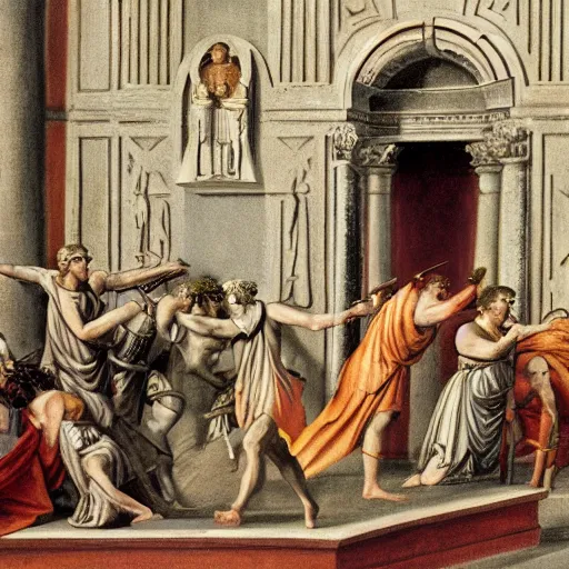 Prompt: caesar being killed by brutus on senate floor, surreal, roman architecture, roman dress style.