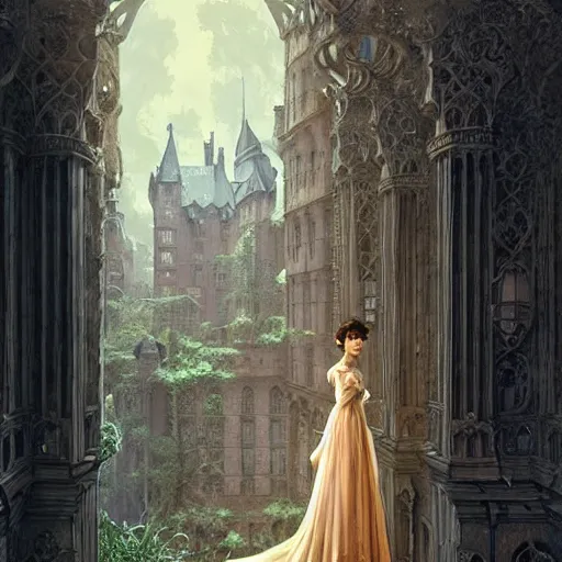 Image similar to audrey hepburn in an epic victorian novel, inside castle, intricate, elegant, highly detailed, digital painting, artstation, matte, illustration, art by artgerm, greg rutkowski, loish, rhads, ferdinand knab, makoto shinkai, lois van baarle, ilya kuvshinov, rossdraws, tom bagshaw