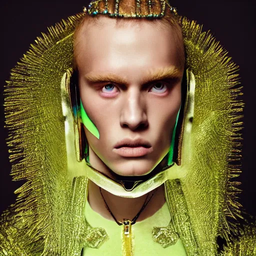 Prompt: a young beautiful male wearing a translucide iridiscent armor, photographed by Erwin Olaf for Vogue