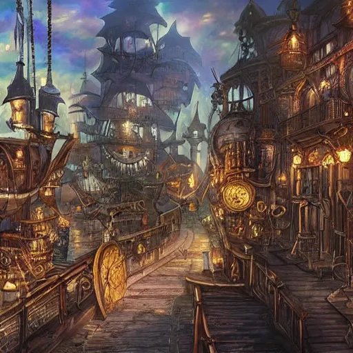 Image similar to Steampunk City places i wish were real pirate fashion nekclace clothing gothic fantasy artwork concept art landscape pretty plac village. Extremely Detailed.