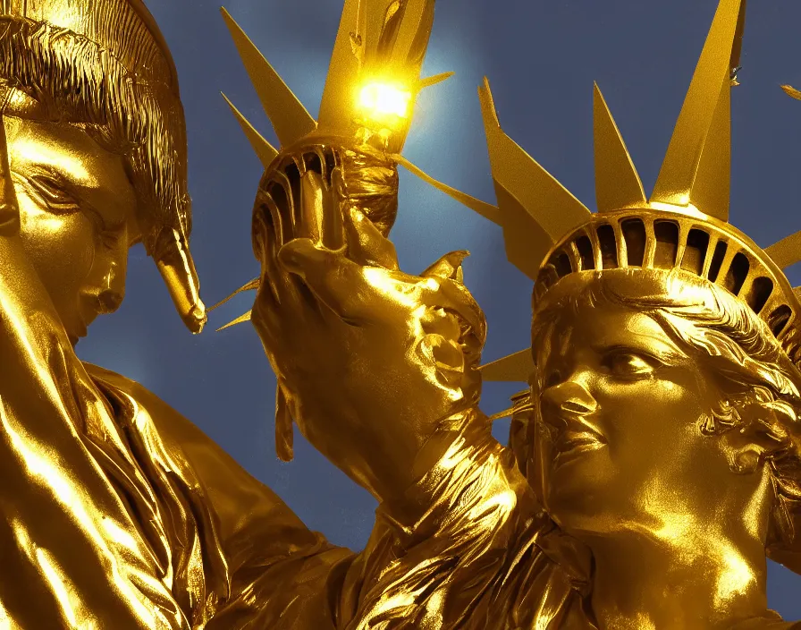 Image similar to statue of liberty but it's made from gold and sing a rap with diamond microphone, beautiful graphics, fantasy artwork, very beautiful scenery, hd, hdr, ue 5, ue 6, unreal engine 5, cinematic 4 k wallpaper, 8 k, ultra detailed