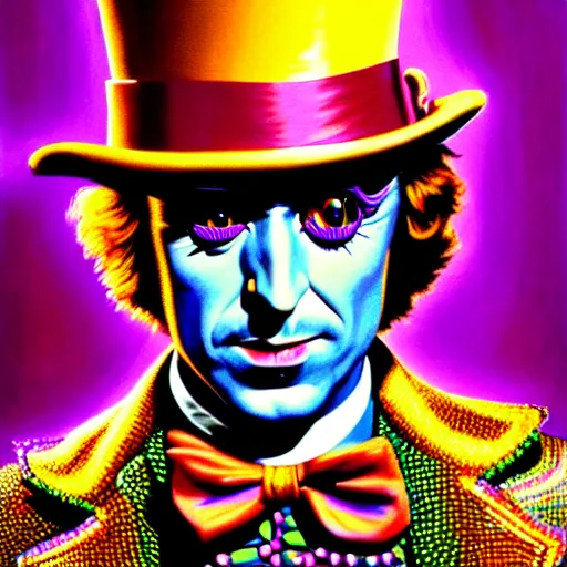 Image similar to an extremely psychedelic portrait of willy wonka, surreal, lsd, face, detailed, intricate, elegant, lithe, highly detailed, digital painting, artstation, concept art, smooth, sharp focus, illustration, art by jason edmiston