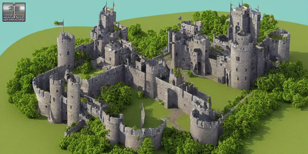 Image similar to medieval castle in a jungle with towers and moat, 3 d, isometric