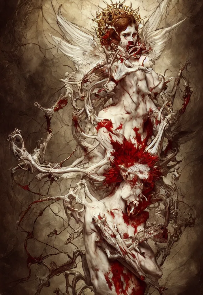 Prompt: breathtaking detailed painting of a devil angel of meat and bones, intricate art nouveau white bloody wiongs, meat and blood stained glass, rembrandt style, elegant, highly detailed, artstation, concept art, matte, sharp focus, art by tom bagshaw, and peter mohrbacher