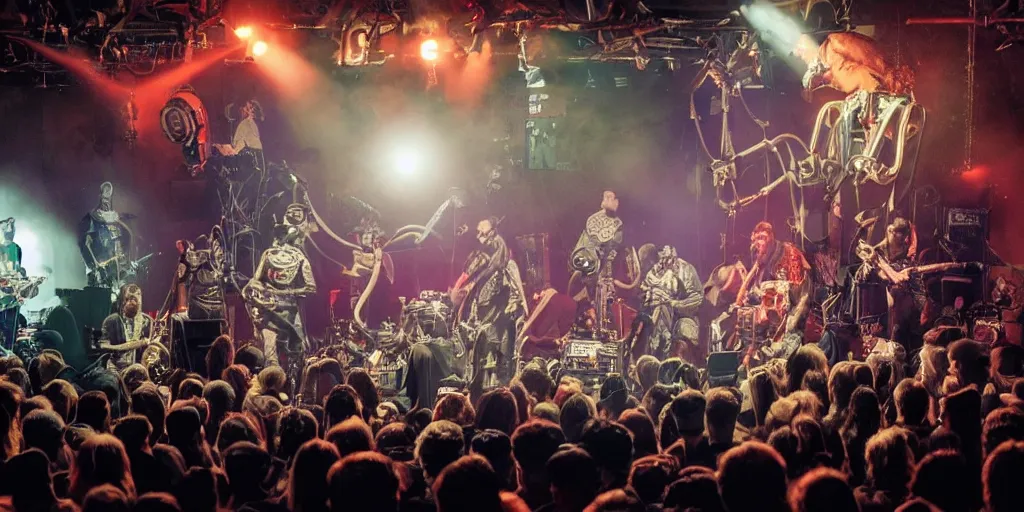 Prompt: a crowd of elephants and lizards robots playing steampunk futuristic instruments in a grindcore show