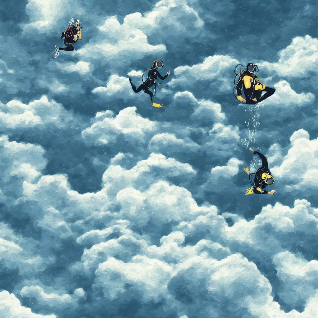 Image similar to a scubadiver floating above the clouds, digital illustration