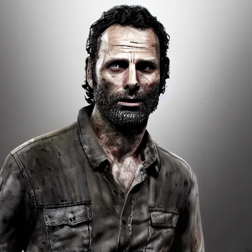 Prompt: rick grimes, the walking dead, zombies, head and shoulders shot, sharp focus, digital art, Hyper-realistic, 4K, Unreal Engine, Highly Detailed, HD, Dramatic Lighting by Brom, trending on Artstation