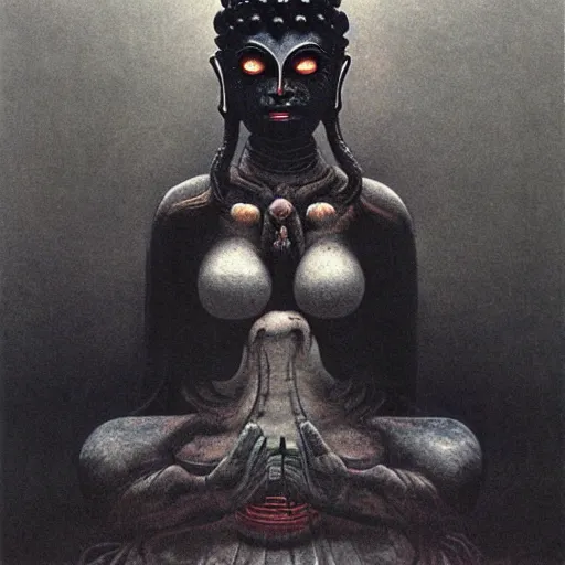 Image similar to naraka buddhist demon korean female, surrounded by black energy, dystopian surrealism, beksinski, symmetrical long head, smooth marble stone surfaces, deep aesthetic