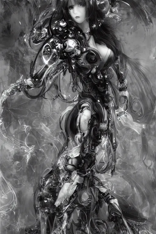 Image similar to a vertical portrait of a character in a scenic environment by Yoshitaka Amano, black and white, dreamy, cybernetic suit, wavy long black hair, highly detailed