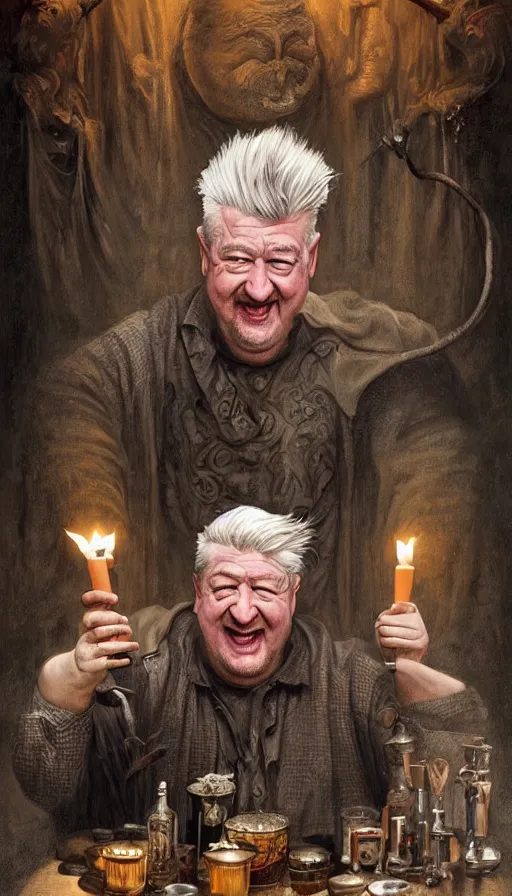 Image similar to david lynch as fat drunk tavern owner, laughing, candles, fame of thrones, warhammer, fibonacci, sweat drops, intricate fashion clothing, insane, intricate, highly detailed, surrealistic, digital painting, artstation, concept art, smooth, sharp focus, illustration, unreal engine 5, 8 k, art by artgerm and greg rutkowski and alphonse mucha