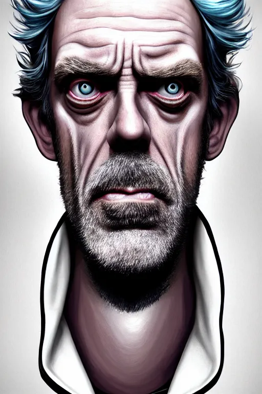 Image similar to Hugh Laurie as crazy genius Rick Sanchez from Rick and Morty, unibrow, white robe, big eyes, realistic portrait, symmetrical, highly detailed, digital painting, artstation, concept art, smooth, sharp focus, illustration, cinematic lighting, art by artgerm and greg rutkowski and alphonse mucha