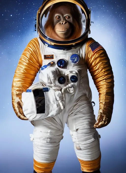 Prompt: studio photo still of a full body orangutan in a!!!! space suit wearing a space suit dressed as an astronaut!!!!, 8 k, studio lighting, key light from right side,