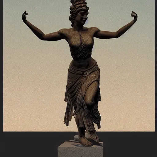 Image similar to a statue of a greek goddess dancing next to a temple in a standing pose with arms by her body, digital concept art, trending on artstation