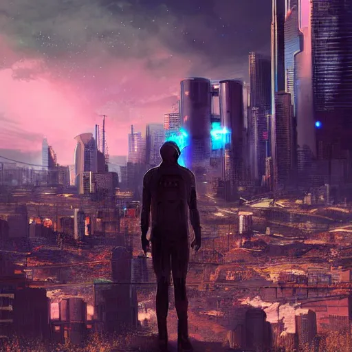 Image similar to The armed sole survivor stands on the hill watching a Apocalyptic city on a clear stars night, cyberpunk digital art