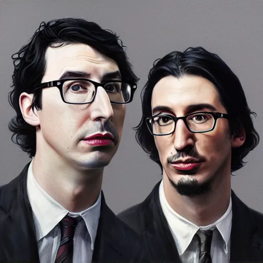 Image similar to painting of both john oliver and adam driver together, john oliver, adam driver, full body, elegant, beautiful, highly detailed, centered, dark, smokey, digital painting, concept art, smooth, sharp focus, illustration, deviant art, art by greg rutkowski, karol bak and peter mohrbacher