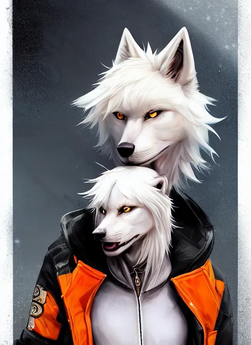 Image similar to award winning beautiful portrait commission of a male furry anthro albino wolf fursona with a tail and a cute beautiful attractive detailed furry face wearing stylish black and orange cyberpunk biker clothes in a cyberpunk city at night while it rains. Character design by charlie bowater, ross tran, artgerm, and makoto shinkai, detailed, inked, western comic book art