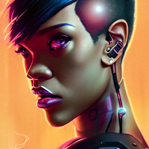 Image similar to cyborg Rihanna profile picture by Greg Rutkowski, dynamic pose, intricate details, futuristic, volumetric lights, streetwear, studio ghibli, Organic Painting , Matte Painting, geometric shapes, hard edges, trending on the artstation, fantasy LUT, realistic by Sachin Teng + Martin Grip + Moebius + Patrick Gleason, techwear, Industrial Scifi, detailed illustration, highly detailed, digital painting, artstation, concept art, soft light, hdri, smooth, sharp focus, illustration, art by tian zi and craig mullins and WLOP and alphonse much,