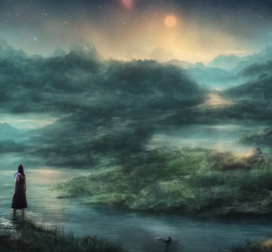 Image similar to girl in lake at night landscape with visible space sky, fantasy artwork, very beautiful scenery, hd, hdr, ue 5, ue 6, unreal engine 5, cinematic 4 k wallpaper, 8 k, ultra detailed, by popular digital artist,