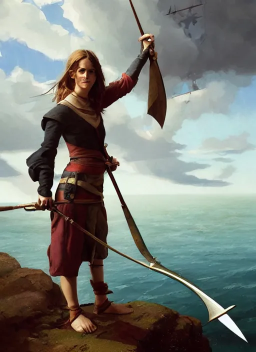 Prompt: hyper realistic photo of medieval beautiful sailor hunter emma watson with a harpoon in her hand, full body, rule of thirds, conceptart, saturated colors, cinematic, greg rutkowski, brom, james gurney, mignola, craig mullins, artstation, cgsociety