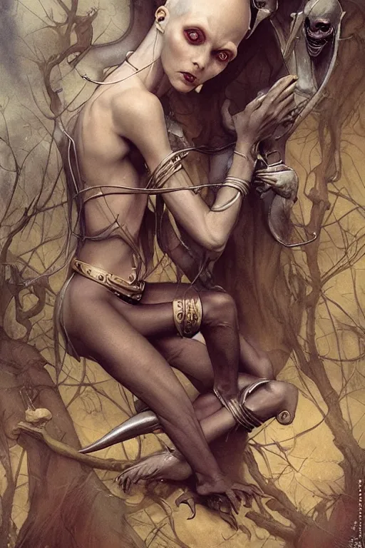 Image similar to a fashion editorial of a shaved tiefling alien with scaled skin meditating. she is wearing a tactical suit and has many body modifications. by tom bagshaw, donato giancola, hans holbein, walton ford, gaston bussiere, brian froud, peter mohrbacher and magali villeneuve. 8 k, fashion editorial, cgsociety