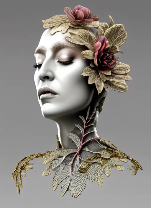 Prompt: complex 3d render ultra detailed of a beautiful porcelain profile woman face, mechanical vegetal cyborg, 150 mm, beautiful natural soft light, rim light, silver gold details, magnolia big leaves and stems, roots, fine foliage lace, mesh wire, Alexander Mcqueen haute couture, lady Gaga style, intricate details, hyperrealistic, mandelbrot fractal, anatomical, red lips, silver metal armor, facial muscles, cable wires, microchip, elegant, white background, octane render, H.R. Giger style, 8k