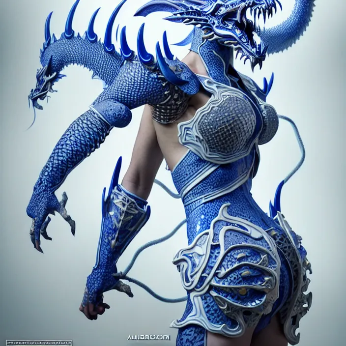 Image similar to porcelain cyborg armor, Chinese Kangxi Blue and white dragon pattern porcelain, diffuse lighting, fantasy, intricate, elegant, highly detailed, lifelike, photorealistic, digital painting, artstation, illustration, concept art, smooth, sharp focus, art by John Collier and Albert Aublet and Krenz Cushart and Artem Demura and Alphonse Mucha