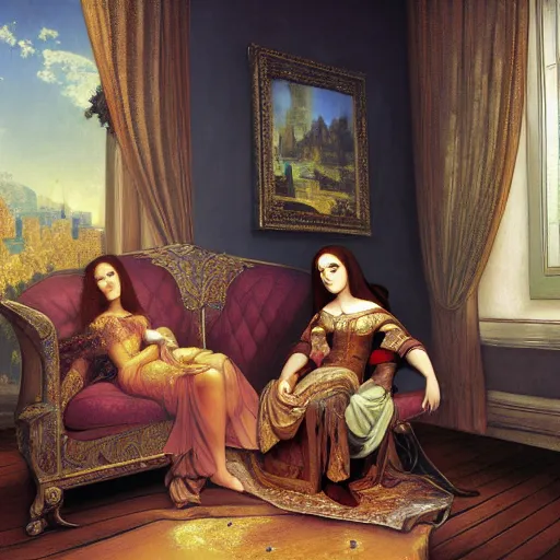 Image similar to Monalisa is sitting on her living room couch. She is dressed casually and is watching TV, Regal, Realistic, Refined, Detailed Digital Art, Josephine wall, Oil Painting, William-Adolphe Bouguereau, Art Frahm, Esao Andrews, Steampunk, Walt Disney (1937), Highly Detailed, Cinematic Lighting, Unreal Engine, 8k, HD