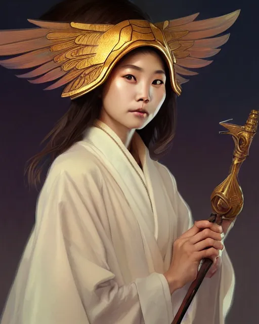 Prompt: Close-up portrait of korean girl wearing a winged helmet and a robe, holding a magic staff, portrait, highly detailed, digital painting, artstation, concept art, sharp focus, illustration, art by artgerm and greg rutkowski and alphonse mucha