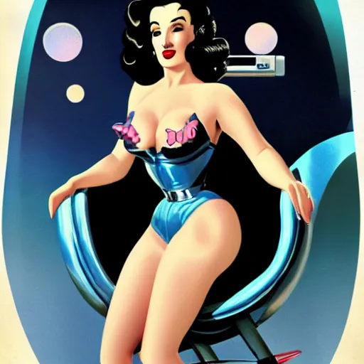 Prompt: a retro sci - fi pinup illustration of dita von teese in the style of gil elvgren.