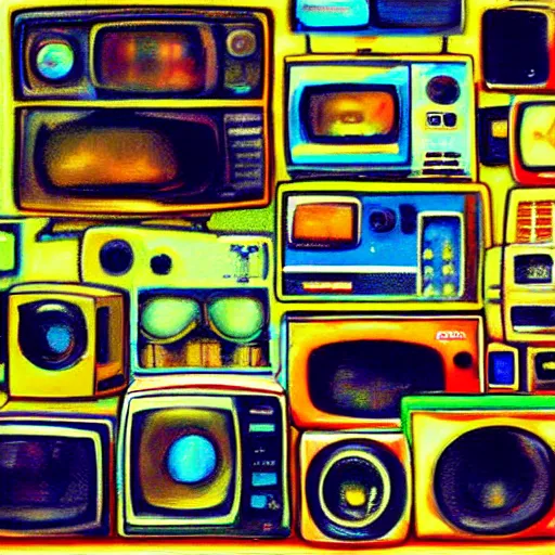 Image similar to array of crt televisions, tv static, antenna, stacked, polaroid, steroids, adult video store, impressionist painting, painting, oil painting, cell shaded, fuzzy