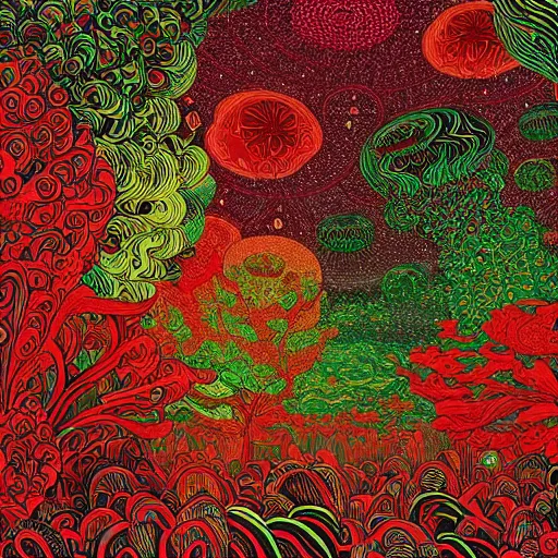 Prompt: psychedelic background, red and green tones, drawn by james r. eads, high detailed, centered, depth effect, concept art