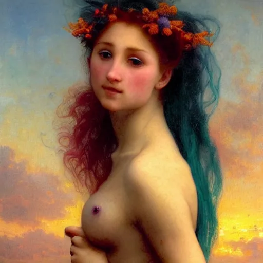 Image similar to a beautiful stunning interesting detailed fantasy whimsical matte digital portrait illustration of a mermaid with blue-green hair, yellow-orange and red-violet spectacular sunset, in the style of William Adolphe-Bouguereau and Marc Simonetti, magic the gathering, trending on artstation hq, contest winner