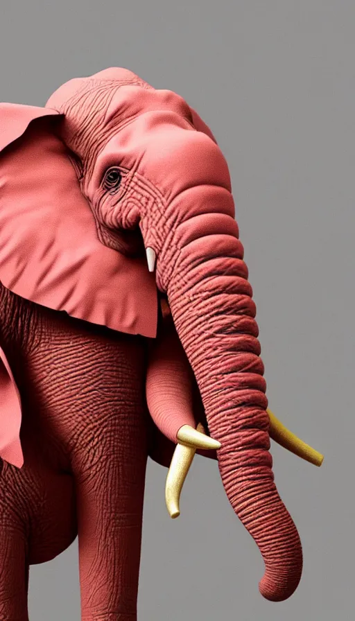 Image similar to A photo of an elephant with pink skin and a piercing in his trunk and his ears, wearing a orange green mohawk and a leather jacket on which a mouse is printed. photograph of a pink elephant, film still, insane detail, Hyperrealism, intricate, highly detailed, Zeiss Lens, DSLR photography, smooth, sharp focus, Unreal Engine 5, Octane Render, Redshift, 8K