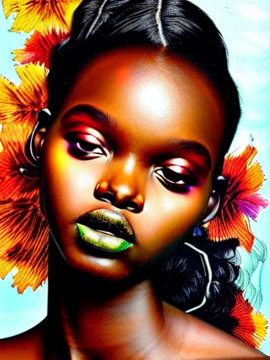 Image similar to portrait of duckie thot with a floral background : : painted by artgerm, karol bak, artur bordalo, sandra chevrier : : portrait, character, illustration, hyperrealism, photorealism,