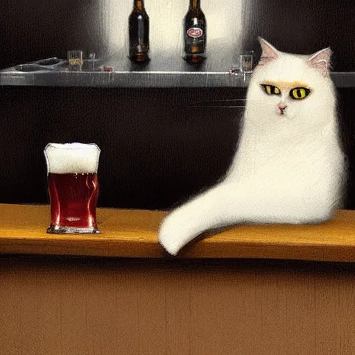 Image similar to of a british longhair cat sitting at the bar next to a beer, by greg rutkowski