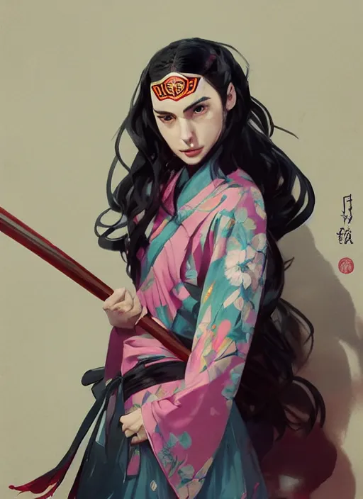 Image similar to gal gadot as nezuko from demon slayer ねずこ wearing floral kimono by artgem by greg rutkowski trending on artstation