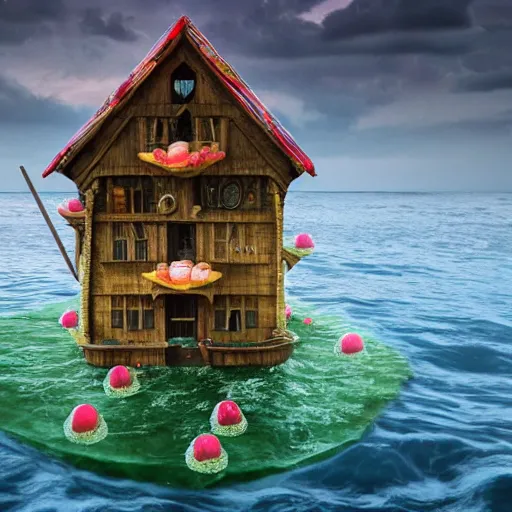 Image similar to a witches house made out of candy floating on the ocean, epic scene, fantasy, cinematic, redshift render, cgi, hyper - detailed, photo - bash, 8 k post - production, masterpiece