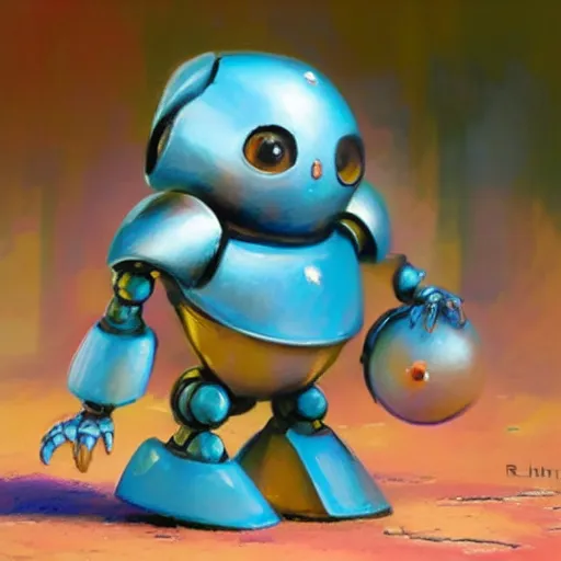 Prompt: An adorable tiny robot playing with a ball, dynamic, energetic, colourful, exciting, by Ralph Horsley