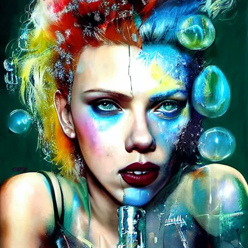 Prompt: scarlett johansson as delirium from sandman, ( hallucinating colorful soap bubbles ), by jeremy mann, by sandra chevrier, by richard avedon and maciej kuciara, punk rock, tank girl, high detailed, 8 k