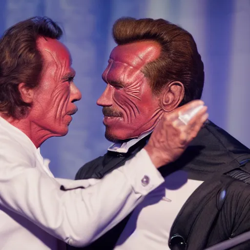 Prompt: LOS ANGELES CA, JULY 7 2025: Robots At Self-Aware Robot Convention, Arnold Schwarzenegger reacts to a very cute robot asking for a hug