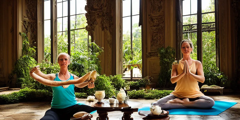 Prompt: a yoga instructor having fancy tea time with her pet mallard duck, the duck is also enjoying the tea. They are at a beautiful tea table inside an opulent, ornate, abandoned overgrown Palace of Versailles, lush plants growing through the floors and walls, walls are covered with vines, beautiful, dusty, golden volumetric light shines through giant broken windows, golden rays fill the space with warmth, rich with epic details and dreamy atmosphere