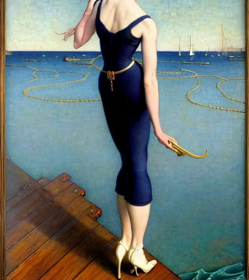 Prompt: a fancy beautiful young lady standing on a wharf at the edge of the sea by brom and gil elvgren and jean delville and william blake and norman rockwell and michael whelan, crisp details, hyperrealism, high detail, high contrast, feminine features, stylish navy blue heels, gold chain belt, cream colored blouse