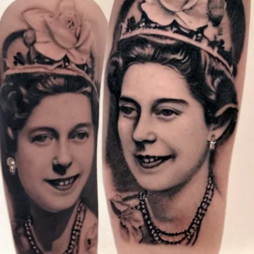 Prompt: of a young queen elizabeth with tattoos on her arms and a small rose tattoo on her face photo realistic