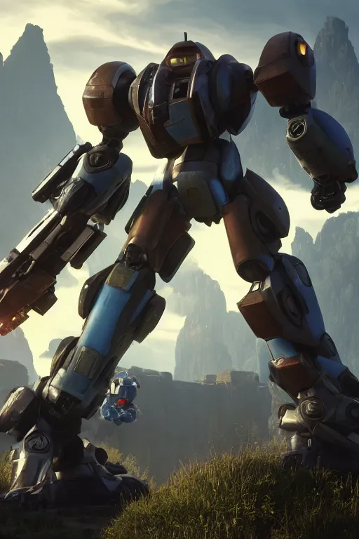 Image similar to mechwarrior 5 : mercenaries mech megaman transformer robot boss tank engine game octane render, 4 k, hd 2 0 2 2 3 d cgi rtx hdr style chrome reflexion glow fanart, global illumination ray tracing hdr fanart arstation by ian pesty pixar and disney unreal zbrush central hardmesh