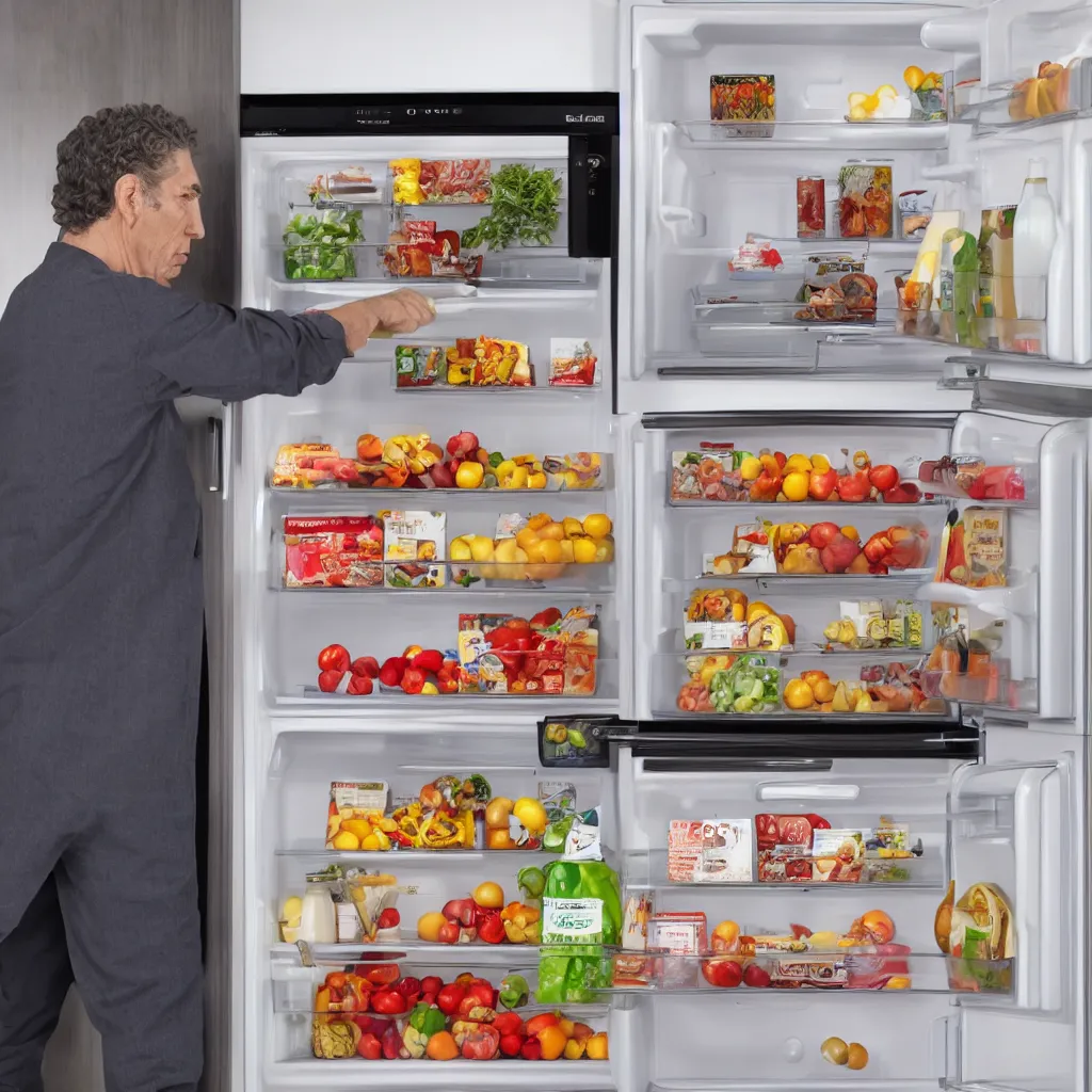 Image similar to kramer opening refrigerator, tv still, 8 k