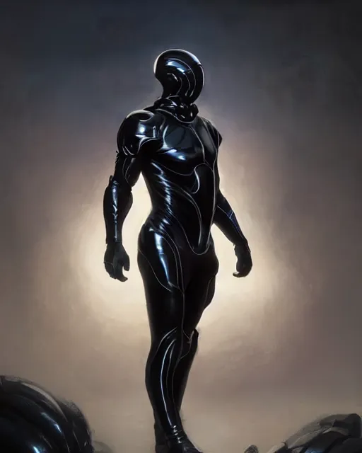 Image similar to character concept of iridescent sinewy smooth muscular male sleek glossy black pearlescent scifi armor with smooth black featureless helmet, by greg rutkowski, mark brookes, jim burns, tom bagshaw, magali villeneuve, trending on artstation